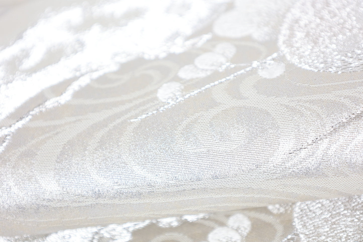 Fukuro obi (formal used sash), shades of silver, white, pine, plum, wave pattern, gold leaf, R120
