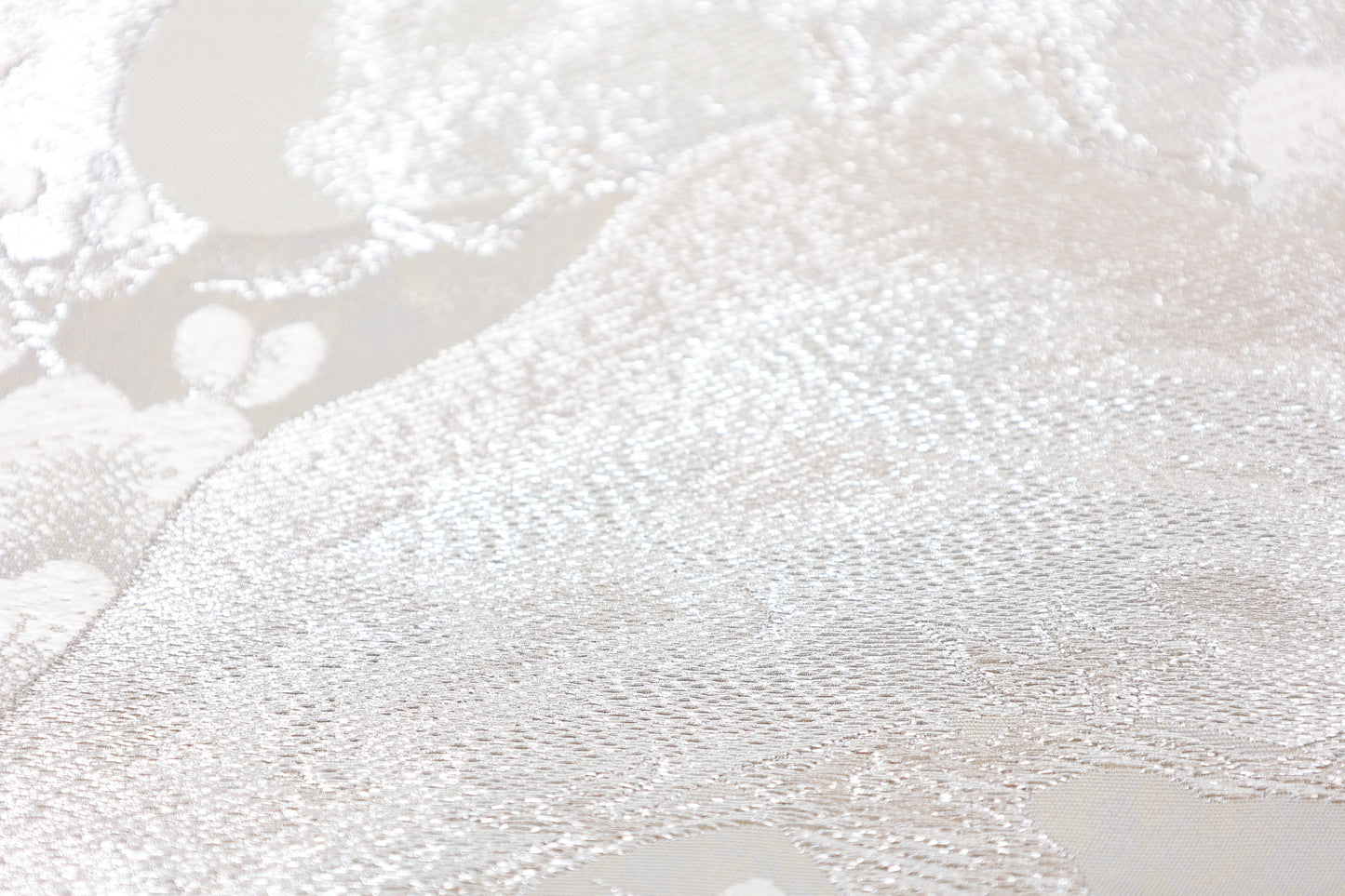 Fukuro obi (formal used sash), shades of silver, white, pine, plum, wave pattern, gold leaf, R120