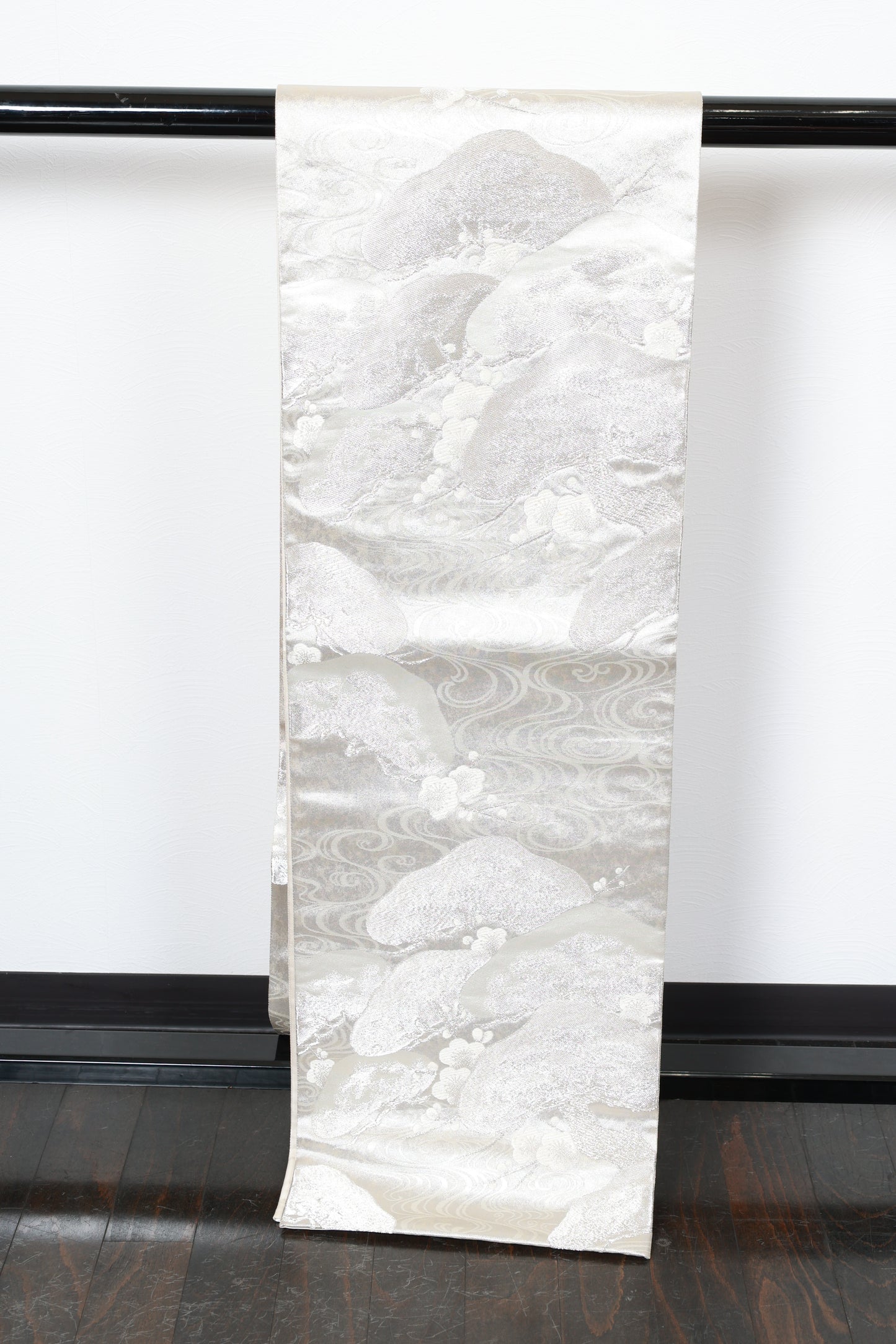 Fukuro obi (formal used sash), shades of silver, white, pine, plum, wave pattern, gold leaf, R120