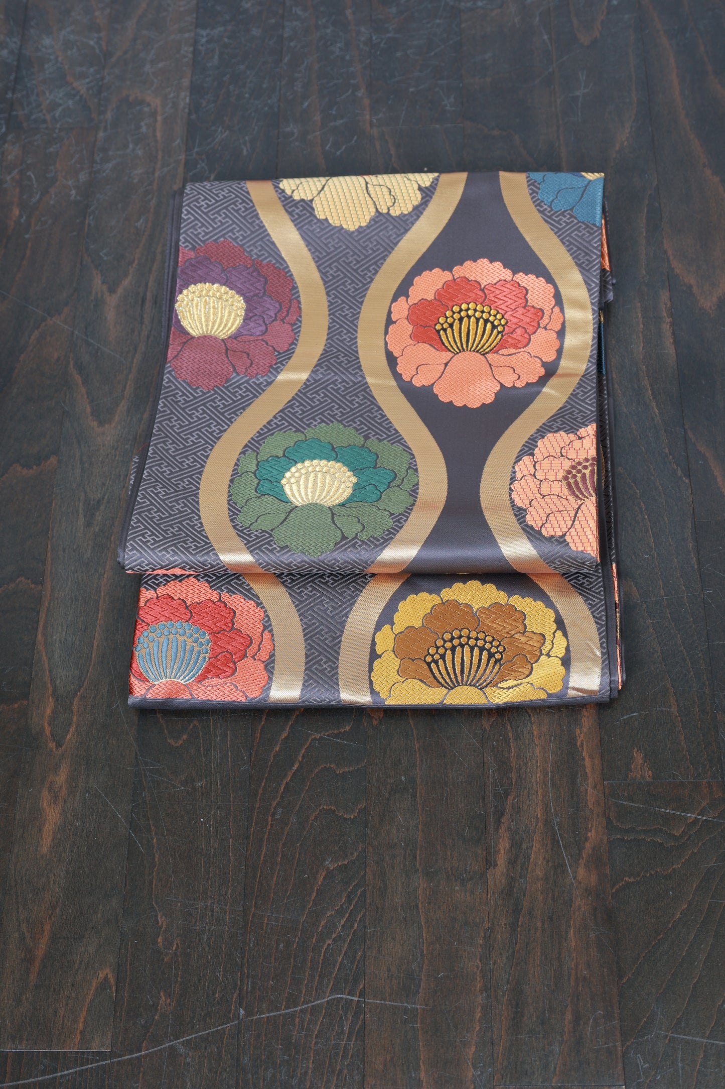 New, unstitched fukuro obi (formal sash) by Tomiya. Colors: Gray, Gold, Purple, Green, Blue, Red, Brown, Swallowtail, Peony. (R119)