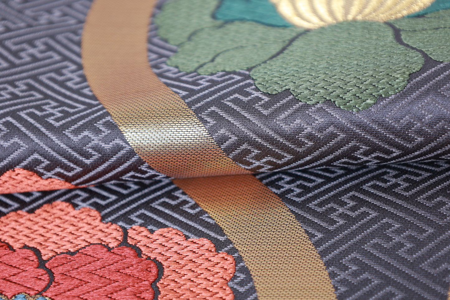 New, unstitched fukuro obi (formal sash) by Tomiya. Colors: Gray, Gold, Purple, Green, Blue, Red, Brown, Swallowtail, Peony. (R119)