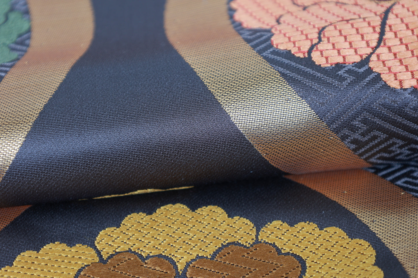 New, unstitched fukuro obi (formal sash) by Tomiya. Colors: Gray, Gold, Purple, Green, Blue, Red, Brown, Swallowtail, Peony. (R119)