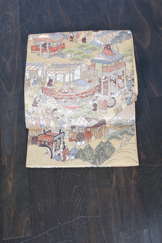 Fukuro obi (formal used sash), genuine gold, all-over pattern, depiction of Kyoto and its surroundings, R129