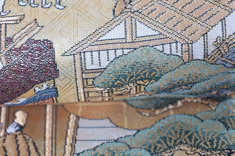 Fukuro obi (formal used sash), genuine gold, all-over pattern, depiction of Kyoto and its surroundings, R129