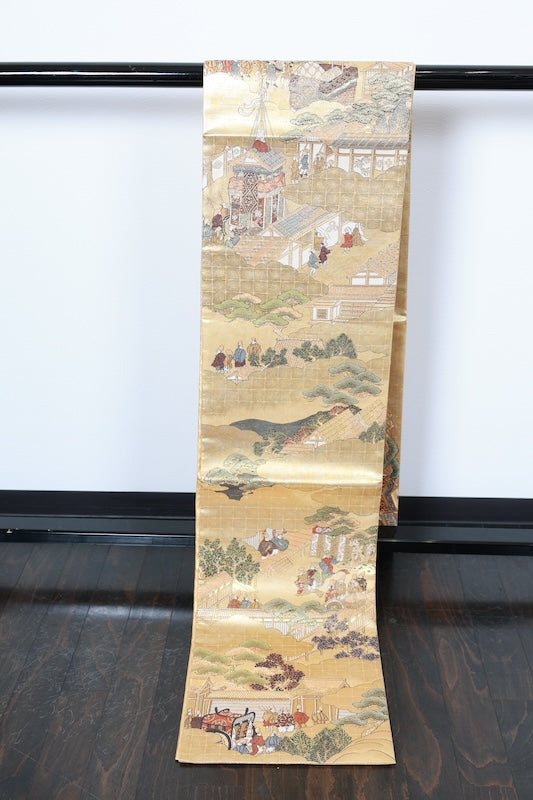 Fukuro obi (formal used sash), genuine gold, all-over pattern, depiction of Kyoto and its surroundings, R129
