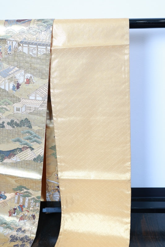 Fukuro obi (formal used sash), genuine gold, all-over pattern, depiction of Kyoto and its surroundings, R129
