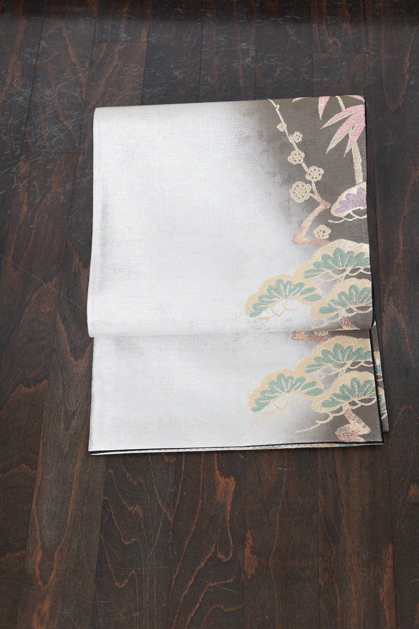 Fukuro obi (used sash) - Silver, Gold, Gray, Purple, Green - Pine, Bamboo, and Plum Blossom pattern - R130