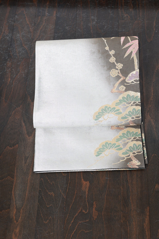 Fukuro obi (used sash) - Silver, Gold, Gray, Purple, Green - Pine, Bamboo, and Plum Blossom pattern - R130
