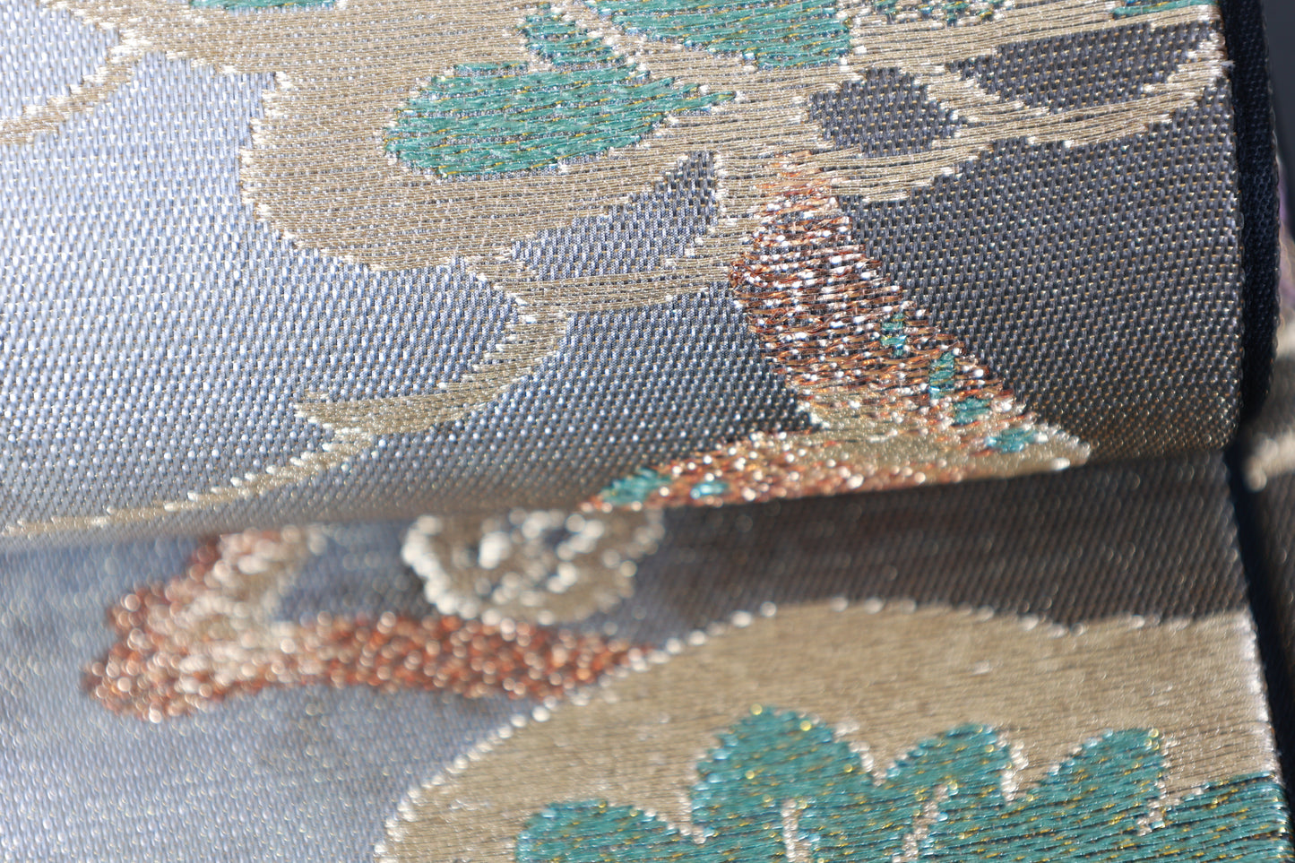 Fukuro obi (used sash) - Silver, Gold, Gray, Purple, Green - Pine, Bamboo, and Plum Blossom pattern - R130