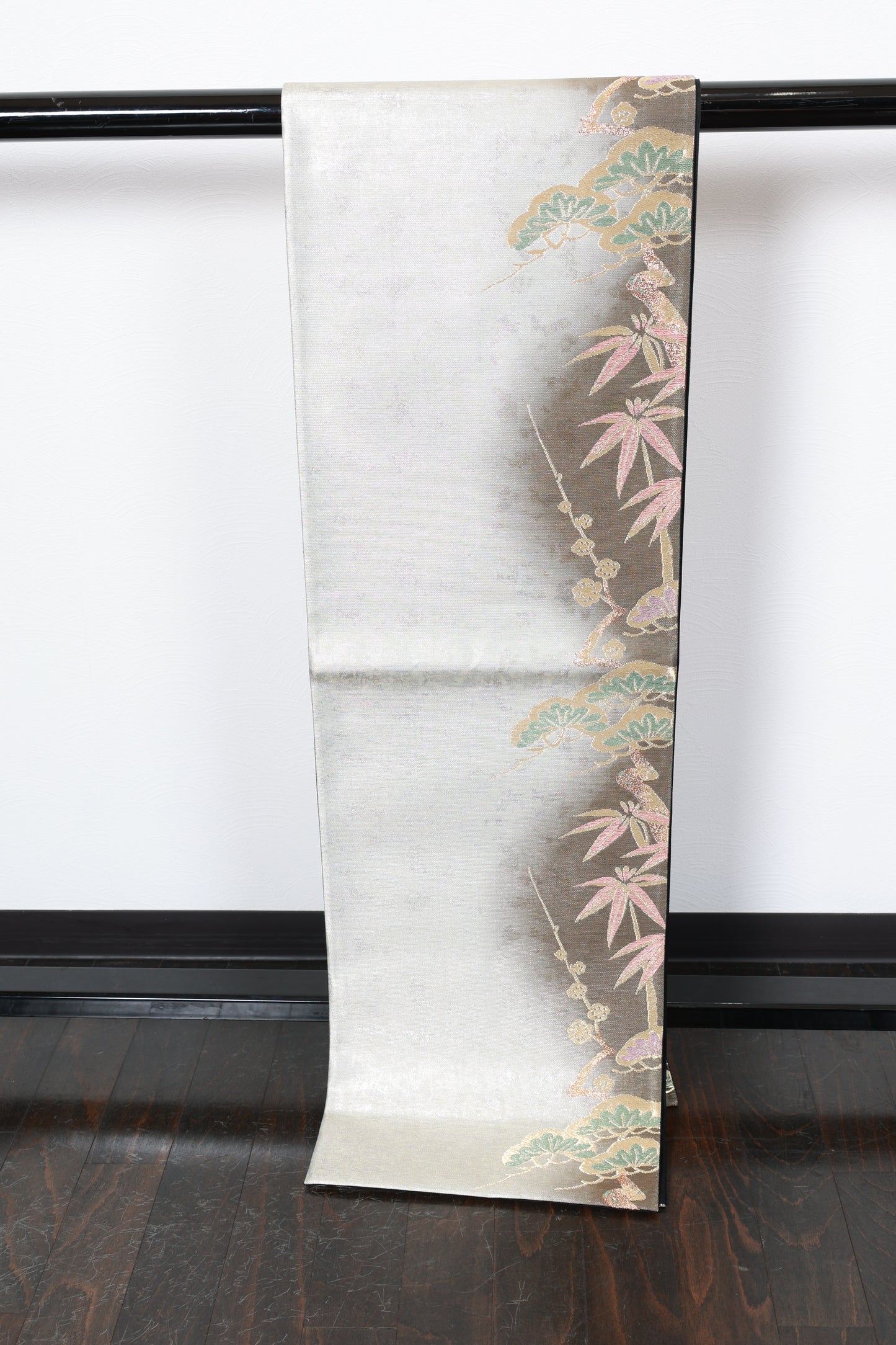 Fukuro obi (used sash) - Silver, Gold, Gray, Purple, Green - Pine, Bamboo, and Plum Blossom pattern - R130