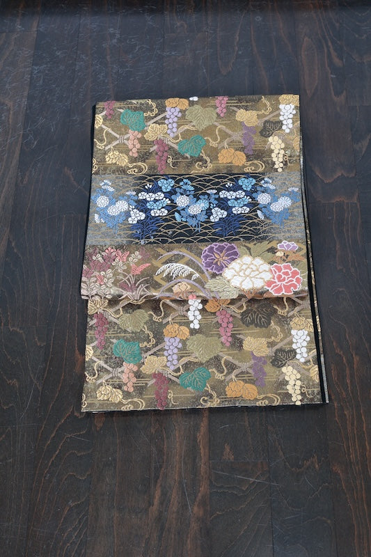 Fukuro Obi (formal used sash), Tang-style weave, gold, silver, indigo, red, green, brown, purple, floral pattern, horizontal stripes, R122