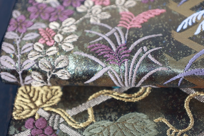 Fukuro Obi (formal used sash), Tang-style weave, gold, silver, indigo, red, green, brown, purple, floral pattern, horizontal stripes, R122