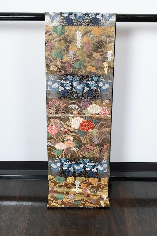 Fukuro Obi (formal used sash), Tang-style weave, gold, silver, indigo, red, green, brown, purple, floral pattern, horizontal stripes, R122