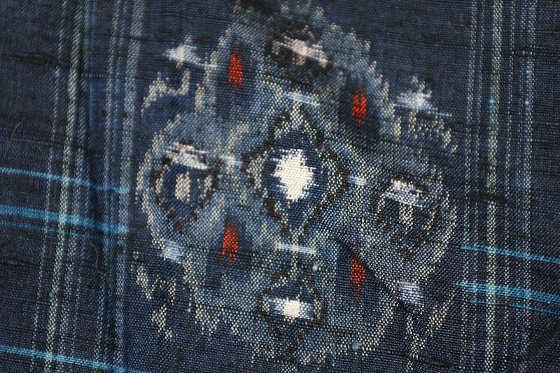 Yonezawa Tsumugi used kimono silk fabric, floss silk, shades of indigo, gray, red, checkered pattern, geometric design, handwoven, R143