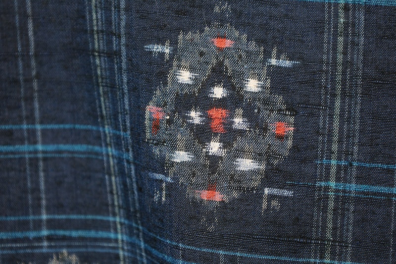 Yonezawa Tsumugi used kimono silk fabric, floss silk, shades of indigo, gray, red, checkered pattern, geometric design, handwoven, R143