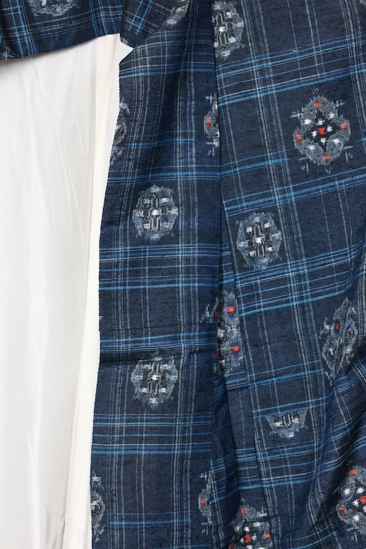 Yonezawa Tsumugi used kimono silk fabric, floss silk, shades of indigo, gray, red, checkered pattern, geometric design, handwoven, R143