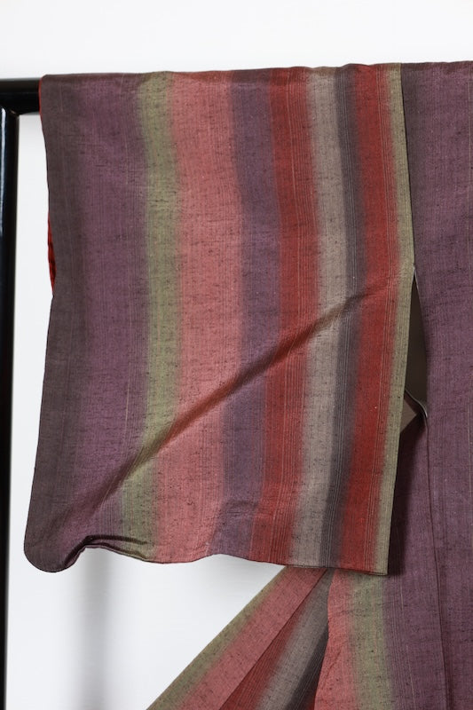 Nishijin Tsumugi silk fabric, purple, green, brown stripes, R146