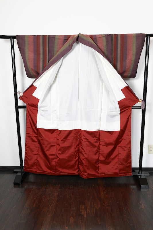 Nishijin Tsumugi silk fabric, purple, green, brown stripes, R146