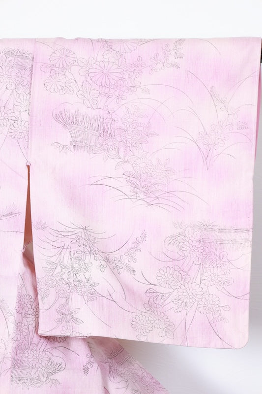 Yuki Tsumugi silk kimono, brand new, unused. Natural white, light purple, black floral pattern. Post-dyed. R145