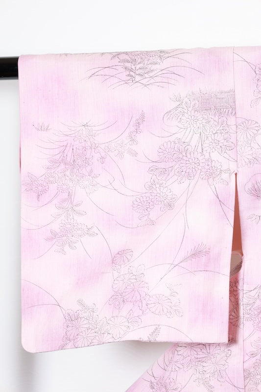Yuki Tsumugi silk kimono, brand new, unused. Natural white, light purple, black floral pattern. Post-dyed. R145