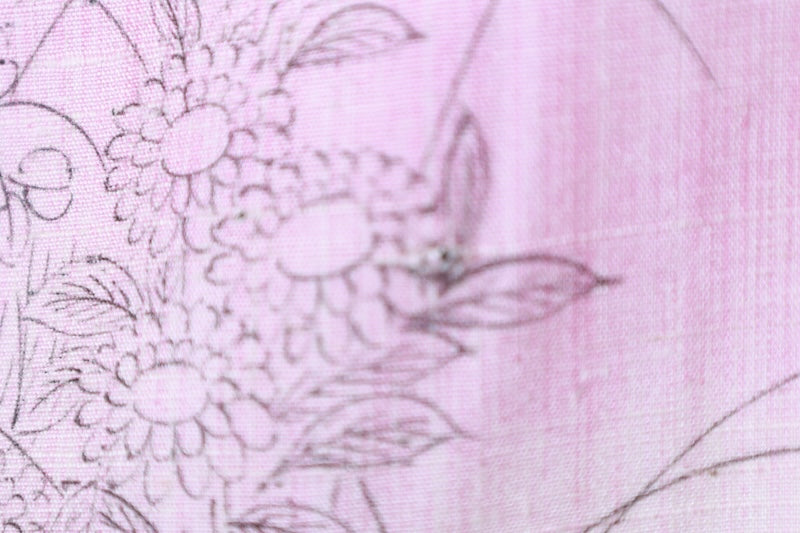 Yuki Tsumugi silk kimono, brand new, unused. Natural white, light purple, black floral pattern. Post-dyed. R145