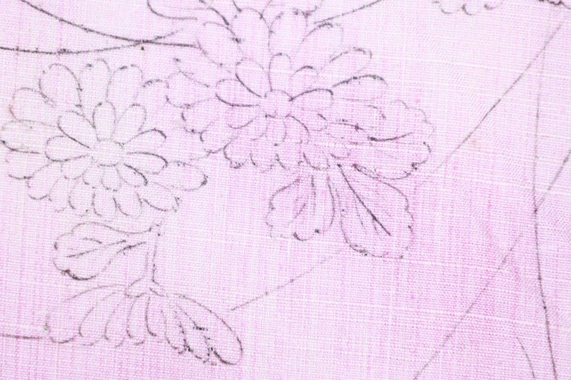 Yuki Tsumugi silk kimono, brand new, unused. Natural white, light purple, black floral pattern. Post-dyed. R145