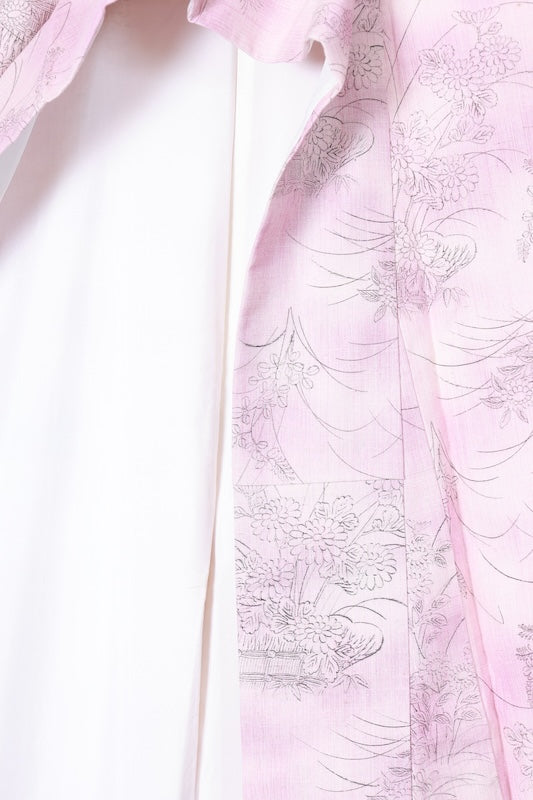 Yuki Tsumugi silk kimono, brand new, unused. Natural white, light purple, black floral pattern. Post-dyed. R145