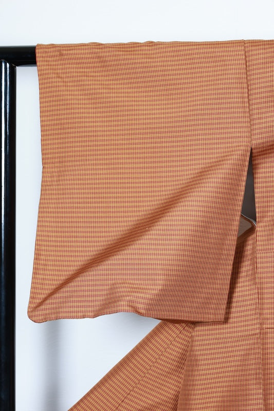Tsumugi silk fabric(Japan used kimono), yellow and brown checkered pattern, R152