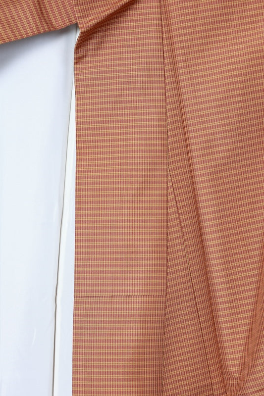 Tsumugi silk fabric(Japan used kimono), yellow and brown checkered pattern, R152