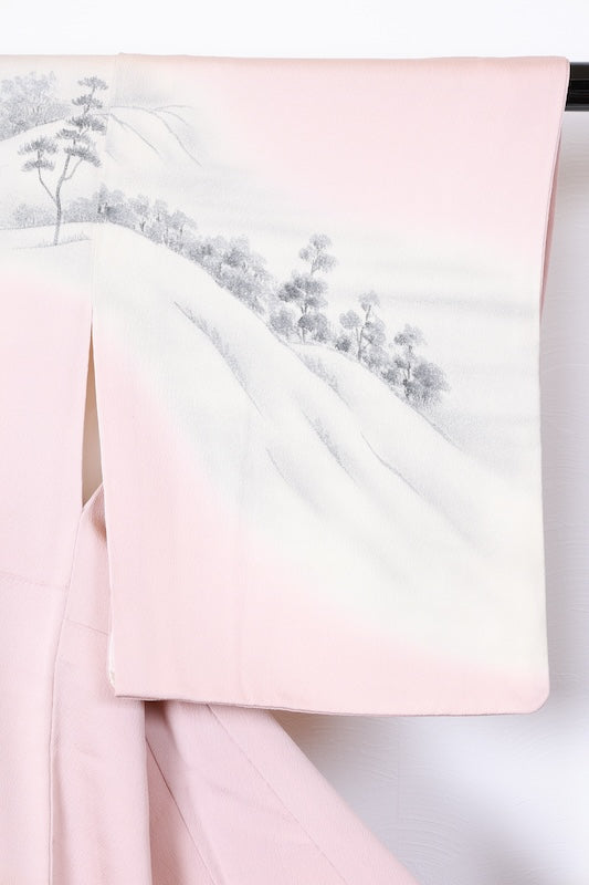 Japan used kimono, cherry blossom pink, ink, gray, raised weave, mountain landscape, R159