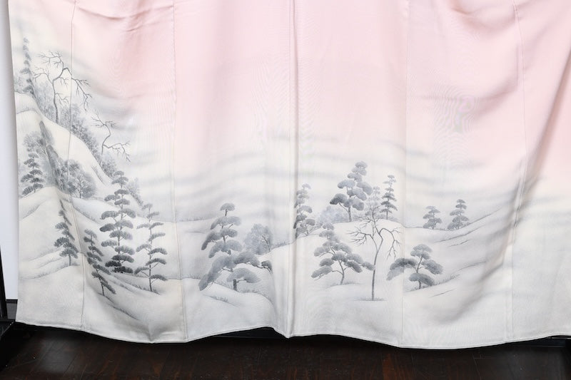 Japan used kimono, cherry blossom pink, ink, gray, raised weave, mountain landscape, R159