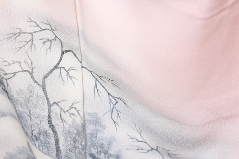 Japan used kimono, cherry blossom pink, ink, gray, raised weave, mountain landscape, R159