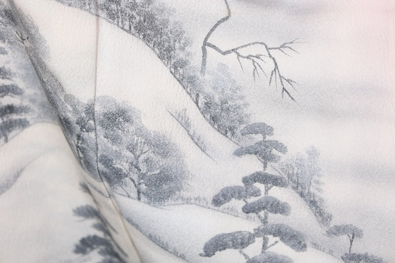 Japan used kimono, cherry blossom pink, ink, gray, raised weave, mountain landscape, R159