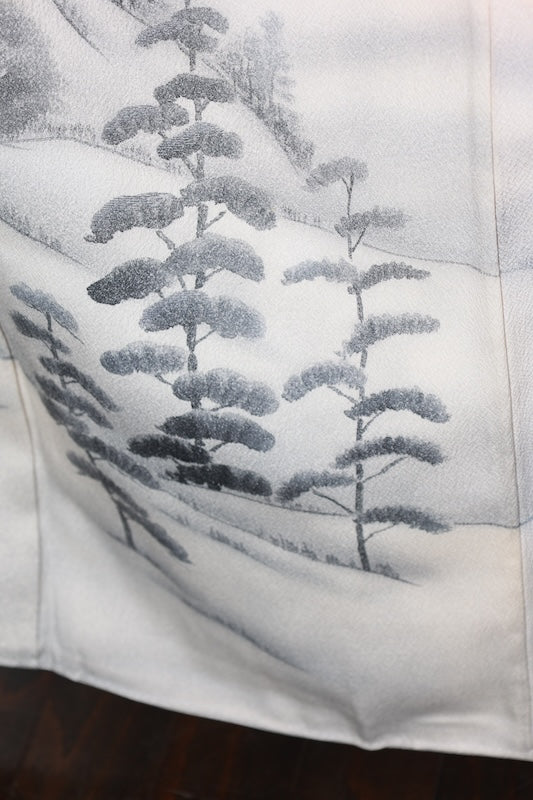Japan used kimono, cherry blossom pink, ink, gray, raised weave, mountain landscape, R159
