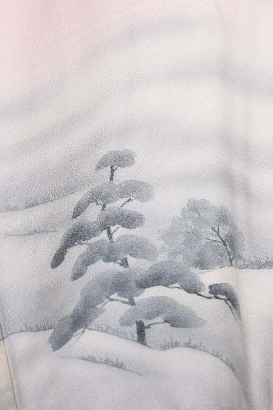 Japan used kimono, cherry blossom pink, ink, gray, raised weave, mountain landscape, R159