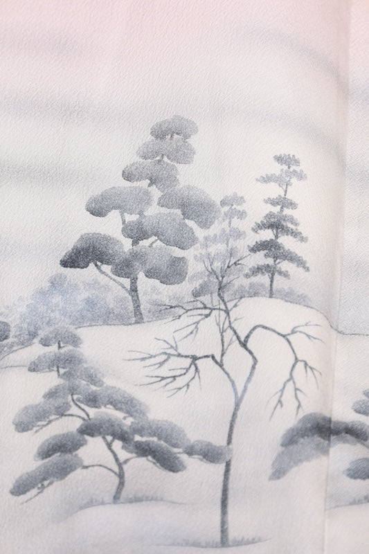 Japan used kimono, cherry blossom pink, ink, gray, raised weave, mountain landscape, R159