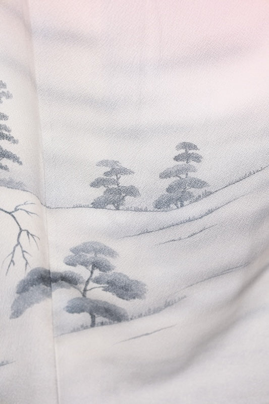 Japan used kimono, cherry blossom pink, ink, gray, raised weave, mountain landscape, R159