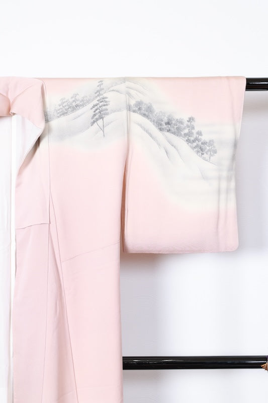 Japan used kimono, cherry blossom pink, ink, gray, raised weave, mountain landscape, R159