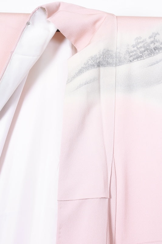 Japan used kimono, cherry blossom pink, ink, gray, raised weave, mountain landscape, R159