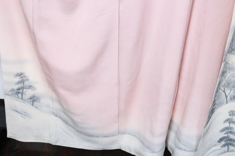 Japan used kimono, cherry blossom pink, ink, gray, raised weave, mountain landscape, R159