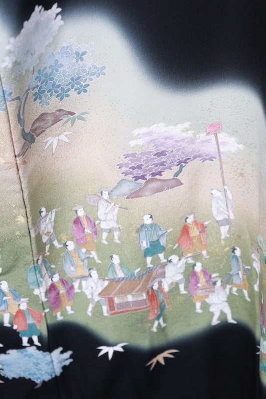 Black formal used kimono (Kurotomesode) - Black, Green, Purple, Indigo, Brown, White, Blue - Five crests of mandarin oranges - Hand-painted - Daimyo procession - R161