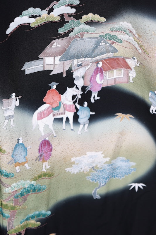 Black formal used kimono (Kurotomesode) - Black, Green, Purple, Indigo, Brown, White, Blue - Five crests of mandarin oranges - Hand-painted - Daimyo procession - R161