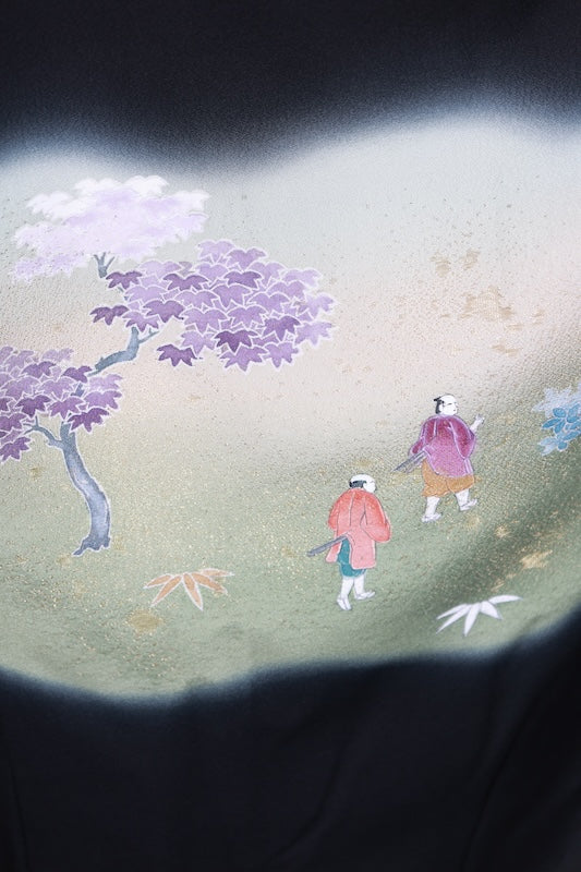 Black formal used kimono (Kurotomesode) - Black, Green, Purple, Indigo, Brown, White, Blue - Five crests of mandarin oranges - Hand-painted - Daimyo procession - R161