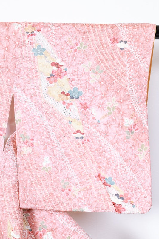 Komon (Japan used kimono fabric) - Light brown, green, blue, red, lemon yellow, gold - Shibori (tie-dye) pattern - floral design - R154