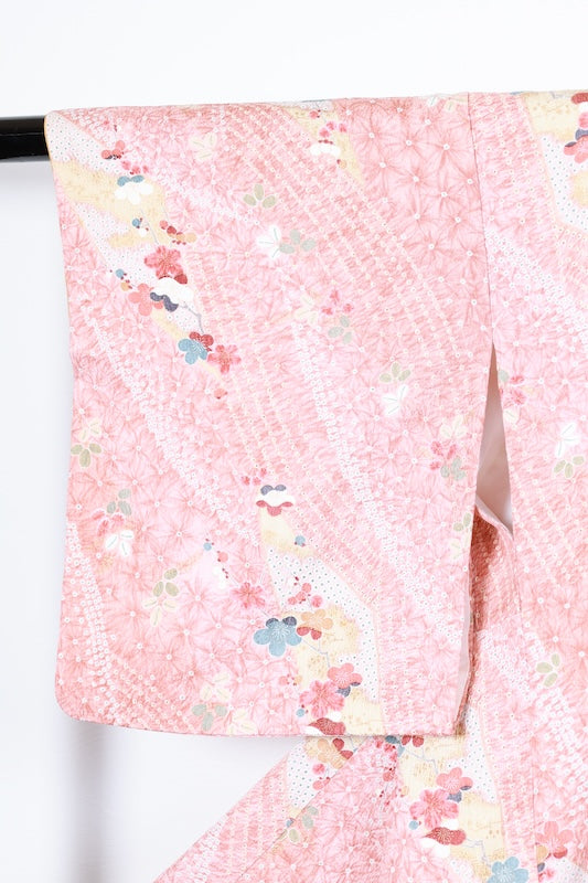 Komon (Japan used kimono fabric) - Light brown, green, blue, red, lemon yellow, gold - Shibori (tie-dye) pattern - floral design - R154