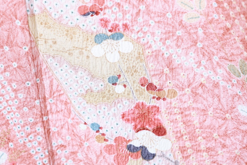 Komon (Japan used kimono fabric) - Light brown, green, blue, red, lemon yellow, gold - Shibori (tie-dye) pattern - floral design - R154