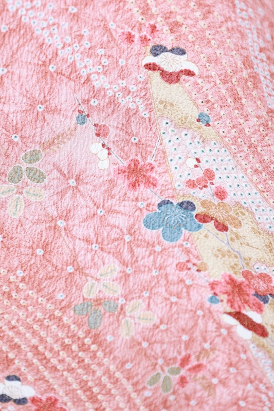 Komon (Japan used kimono fabric) - Light brown, green, blue, red, lemon yellow, gold - Shibori (tie-dye) pattern - floral design - R154