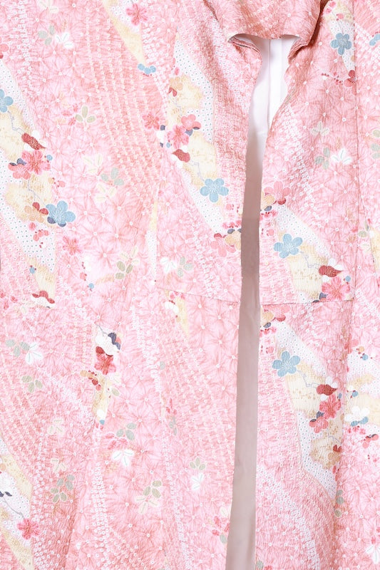 Komon (Japan used kimono fabric) - Light brown, green, blue, red, lemon yellow, gold - Shibori (tie-dye) pattern - floral design - R154