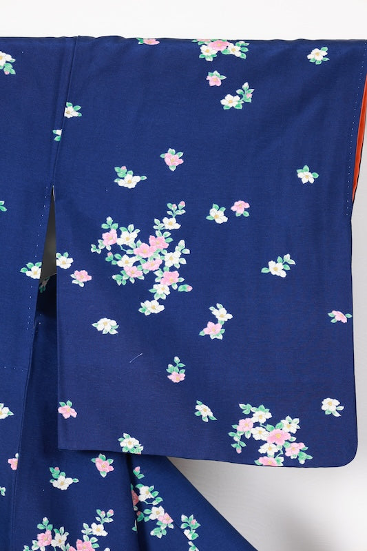 Tsumugi silk fabric(Japan used kimono), navy blue, green, white, pink, floral pattern, hand-dyed, R153