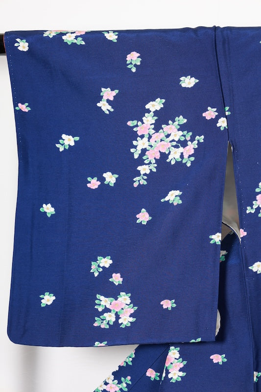 Tsumugi silk fabric(Japan used kimono), navy blue, green, white, pink, floral pattern, hand-dyed, R153